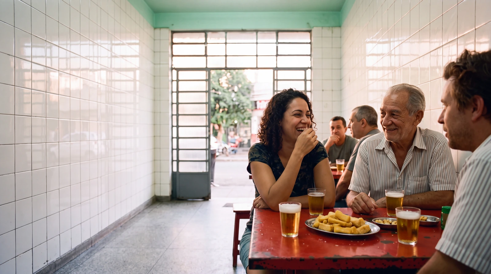Amigos conversam em uma mesa vermelha de um boteco, iluminado pelo sol da tarde.