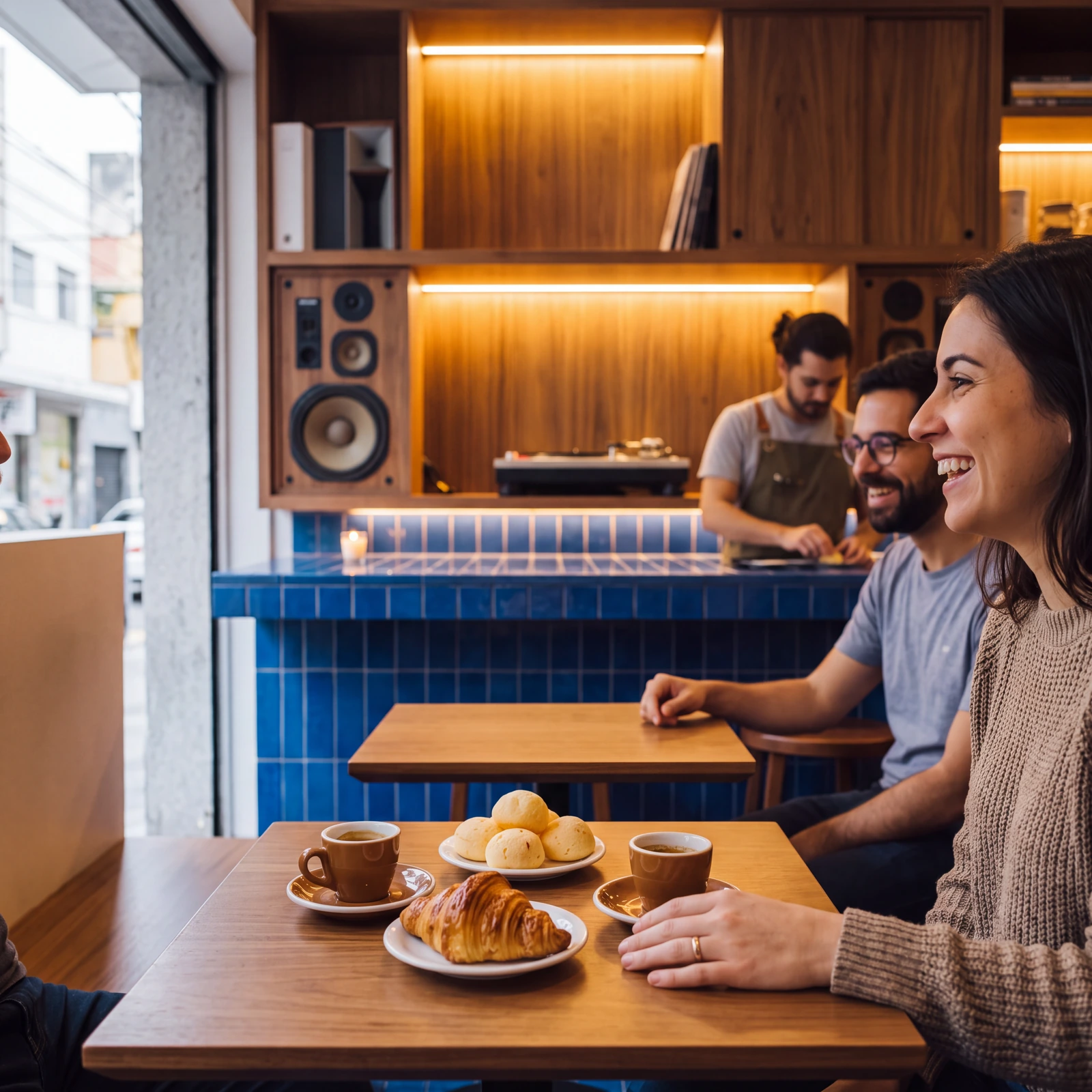 Amigos compartilham café e pão de queijo, junto ao balcão de azulejo cobalto.