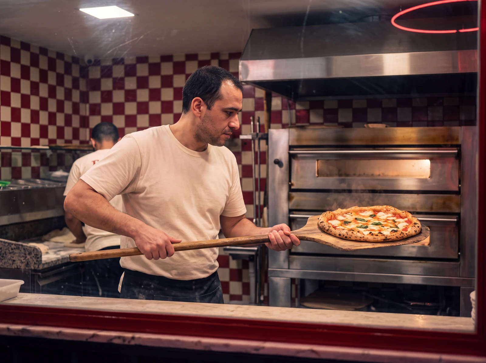 Pizzaiolo retira uma pizza do forno, visto através da divisória de vidro.
