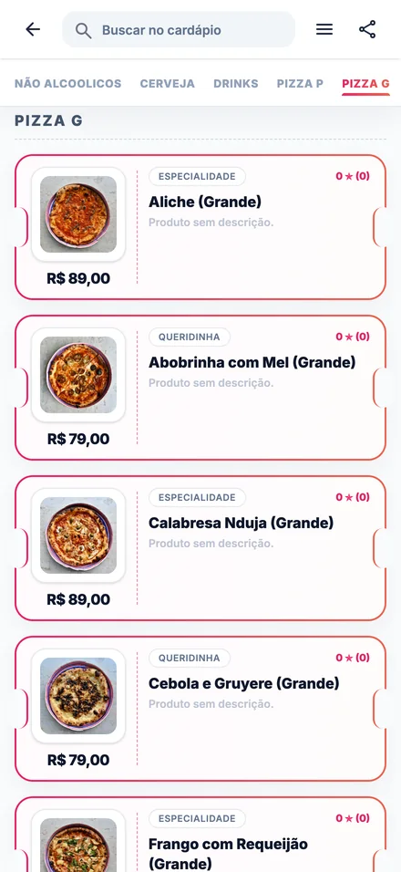 Cardápio do Forno da Saudade aberto no celular do cliente, com as pizzas e os preços