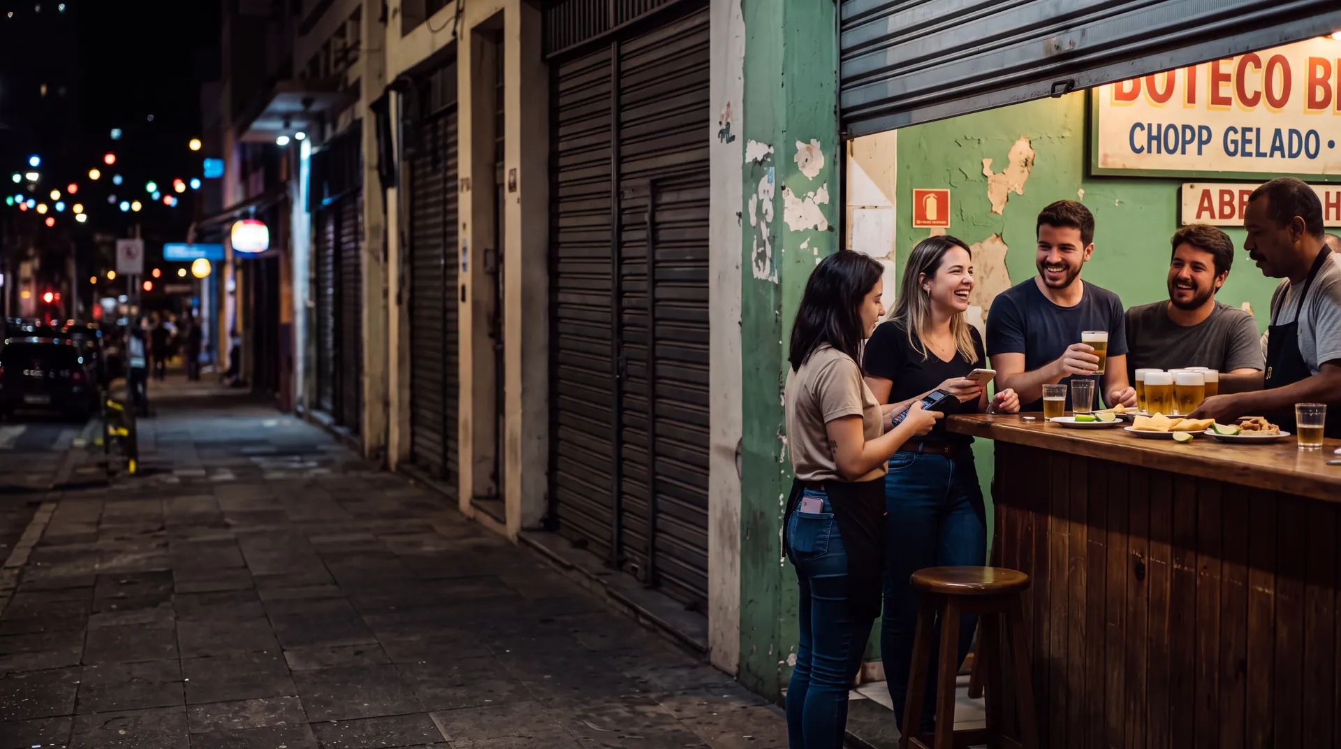 Bartender entrega uma rodada de chopp no balcão de um boteco aberto para a calçada