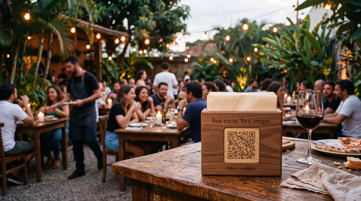 Guardanapeira de madeira com QR Code gravado para o cardápio, na mesa de um restaurante ao ar livre