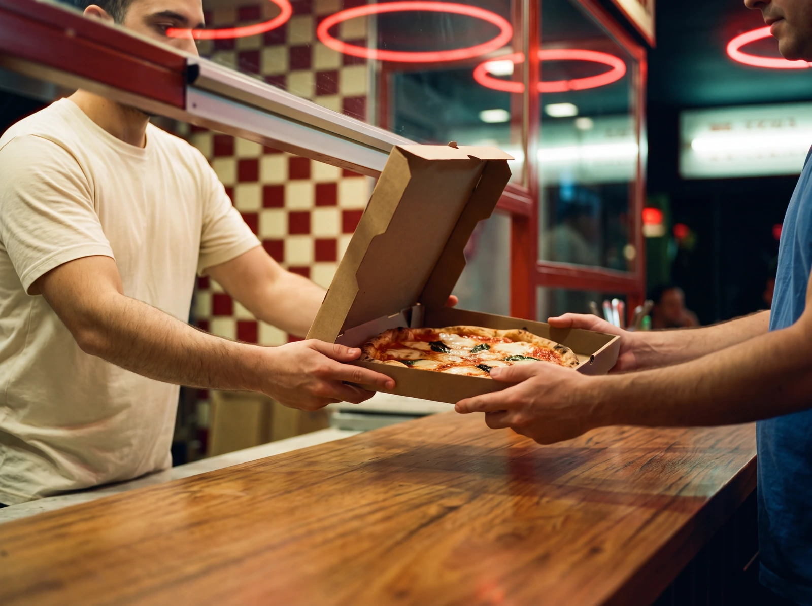 Uma pizza é entregue pela abertura de retirada do restaurante.