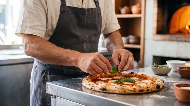 Chef preparando uma pizza artesanal