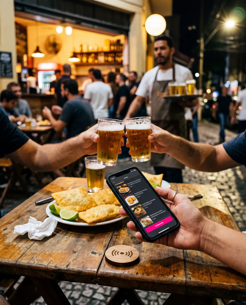 Cliente aproxima o celular da tag NFC em uma mesa na calçada enquanto os amigos brindam